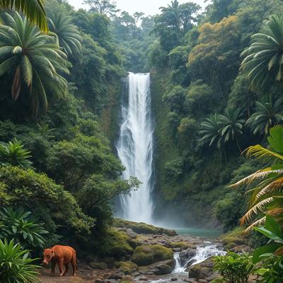 The primary subject of the image is a brown cow standing in front of a waterfall. The cow is positioned near the center of the image, and the waterfall is located towards the left side. The setting is a lush, tropical environment, with a forest visible in the background. The visual style of the image is a photo, capturing the cow and the waterfall in their natural surroundings. The colors and mood of the image are vibrant and serene, with the waterfall providing a sense of tranqu